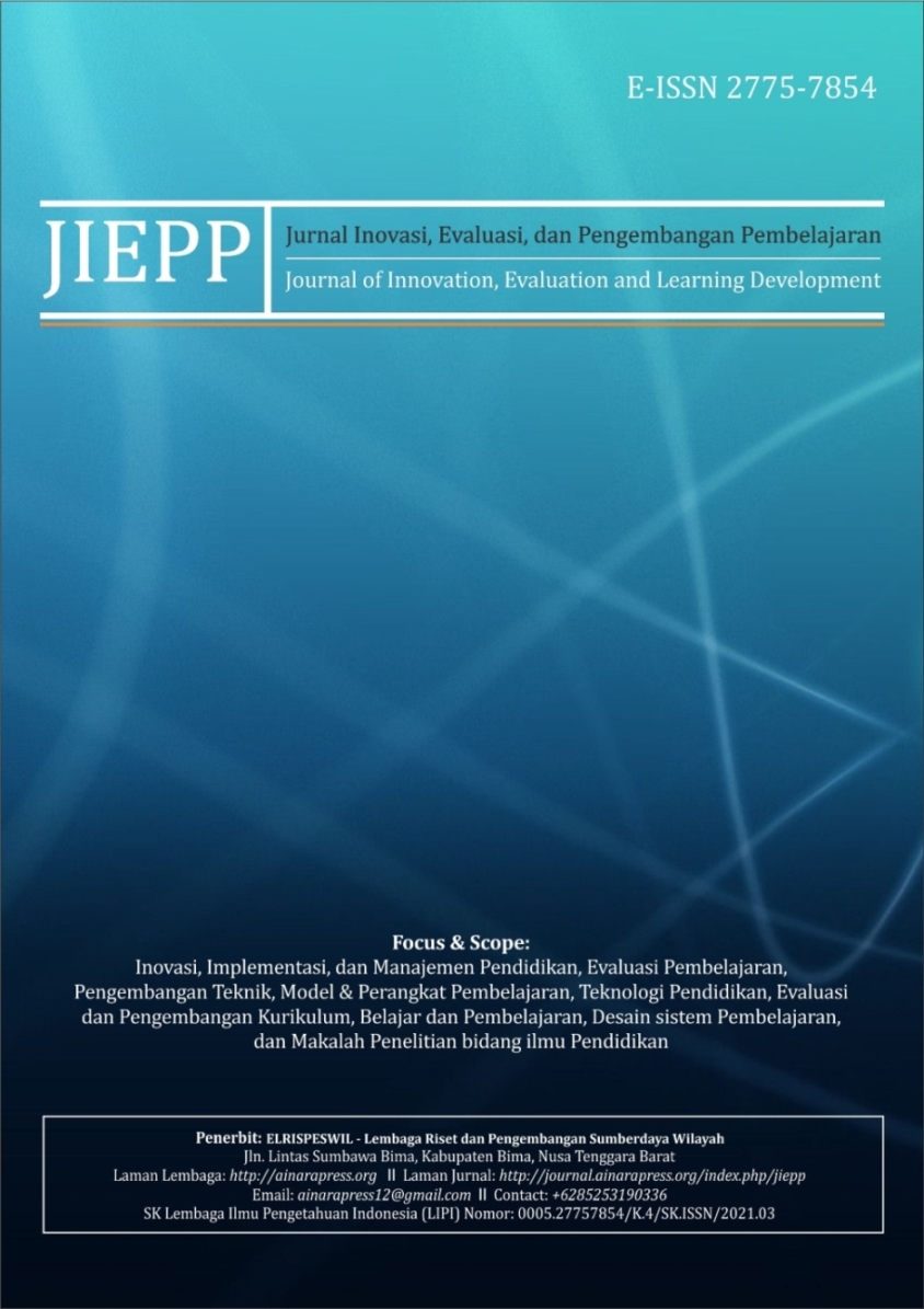 					View Vol. 4 No. 1 (2024): Jurnal Inovasi, Evaluasi dan Pengembangan Pembelajaran (JIEPP)
				